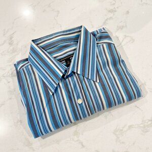 BCBGMAXAZRIA Mens Dress Shirt Blue Stripe Button Cuffs Slim Fit L 16 34/35
